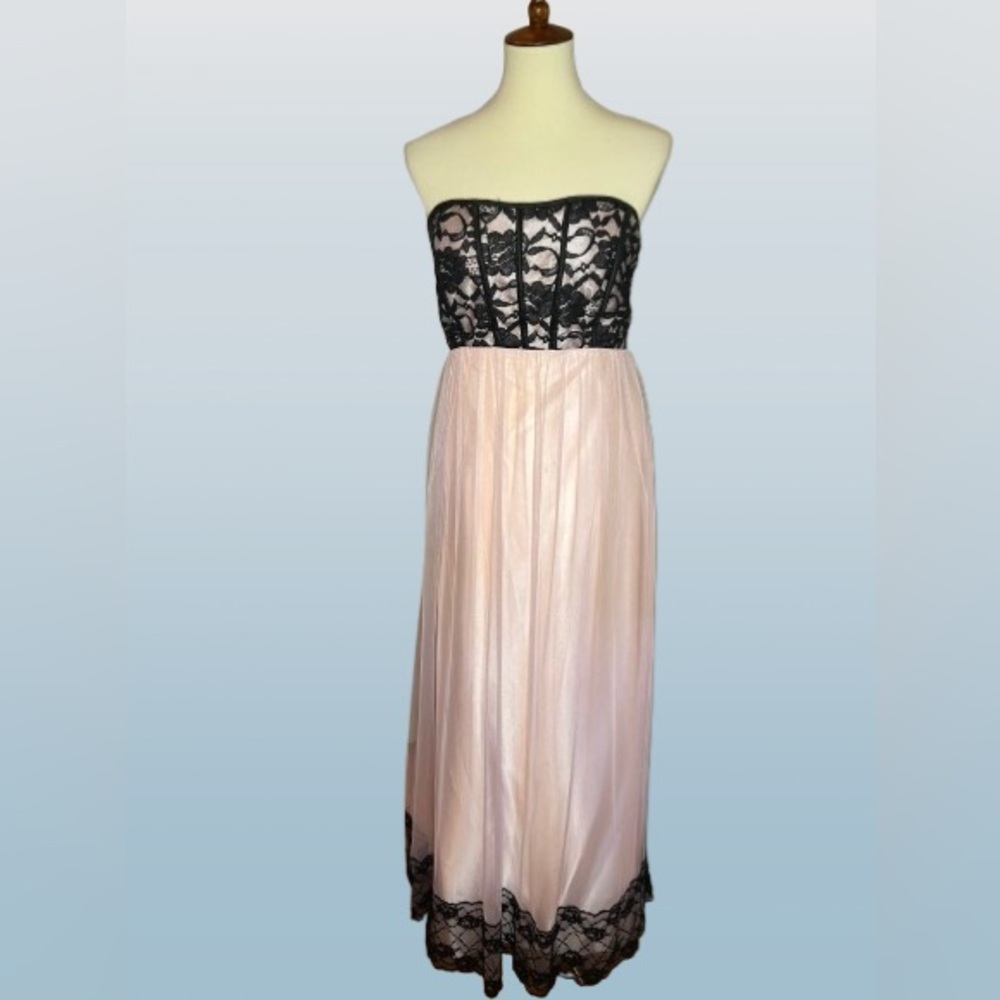 Jessica McClintock II Strapless pink and black lace dress w corset back size 9